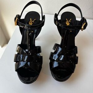 Yves Saint Laurent Glossy Black Sandals with Gold Accents